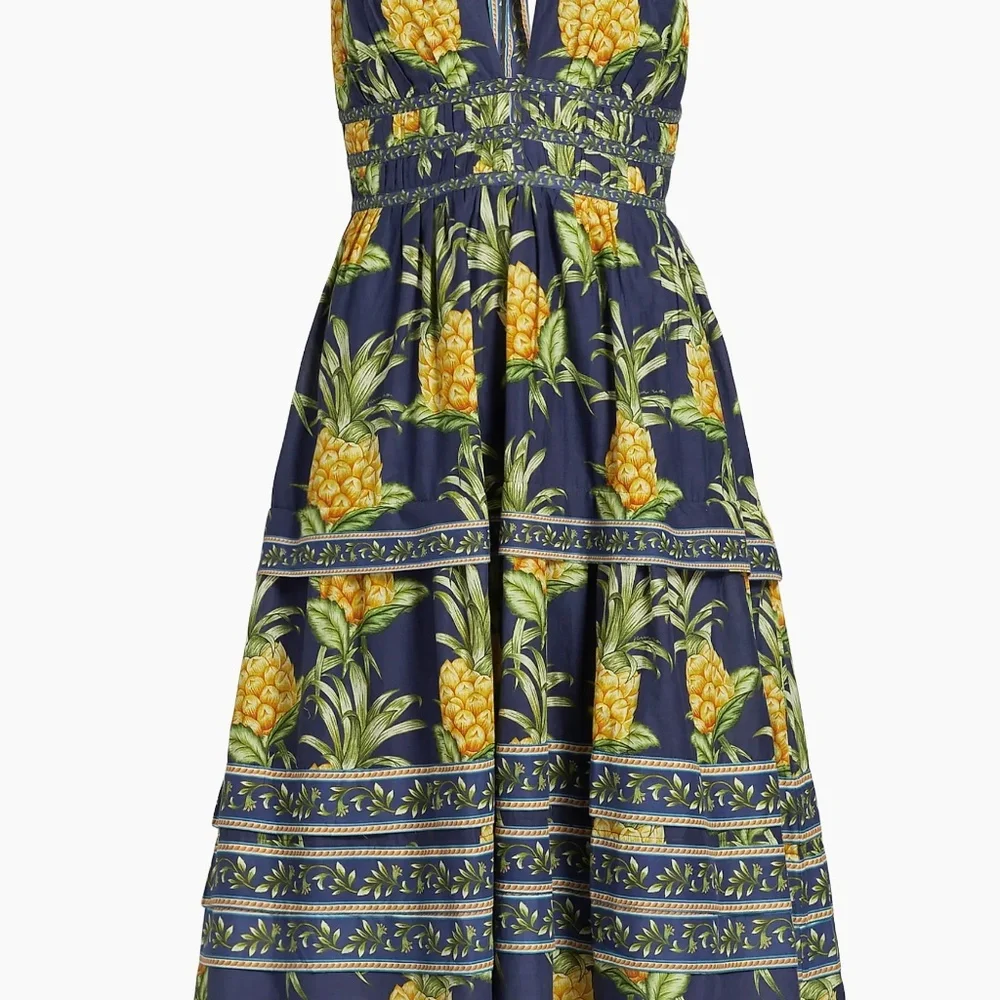 Delicate Pineapple Navy Blue Midi Dress Sleeveless - Picture 2 of 6